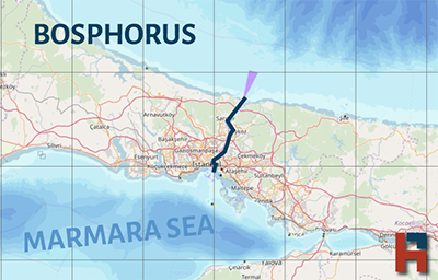 A map showing the Bosphorus Strait Passage way in Turkey as an idea for the shipowners, ship agencies, charterers and dry bulk ship operators.