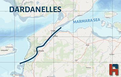 A map showing the Dardanelles Strait Passage way in Turkey as an idea for the shipowners, ship agencies, charterers and dry bulk ship operators.