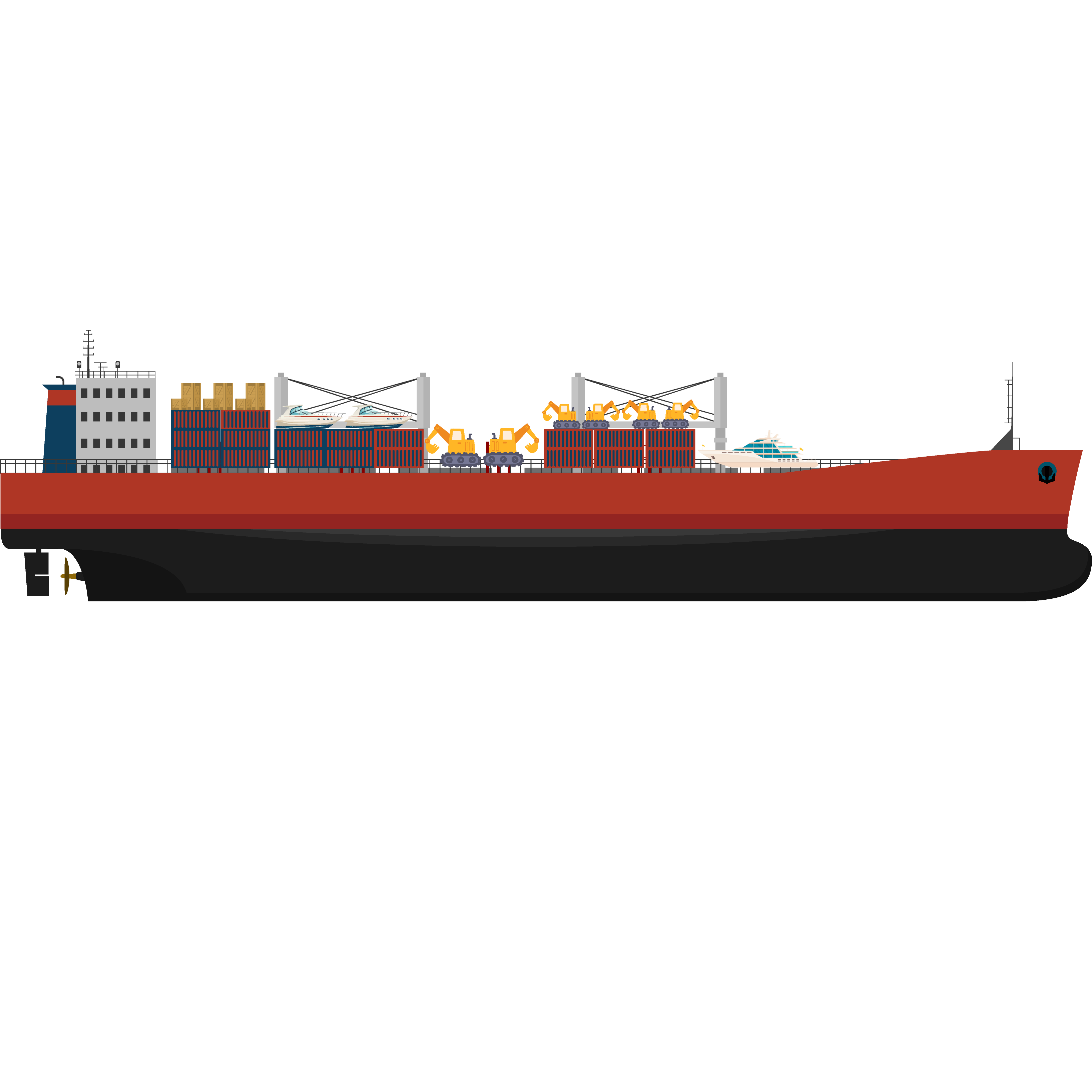 Illustration of a dry bulk vessel with on-deck cargo. The cargo is visible on the open deck of the ship, showcasing the concept of on-deck shipment for dry bulk goods. This illustration emphasizes the practice of loading cargo directly onto the vessel's deck instead of within its enclosed holds, highlighting the efficiency and convenience of on-deck shipments in maritime transport.