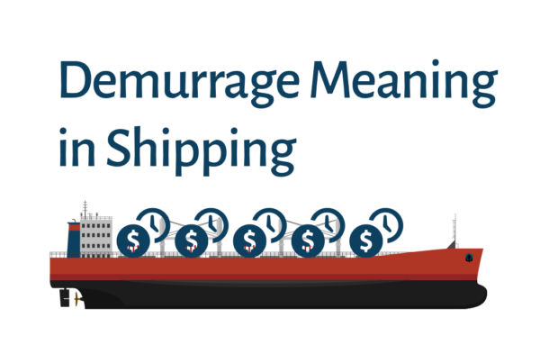 Illustration of a cargo ship with dollar signs and clock icons, representing the concept of demurrage in shipping, with the text "Demurrage Meaning in Shipping" above the ship.