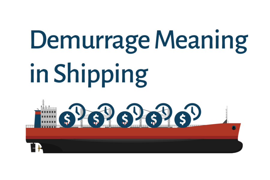 Illustration of a cargo ship with dollar signs and clock icons, representing the concept of demurrage in shipping, with the text "Demurrage Meaning in Shipping" above the ship.