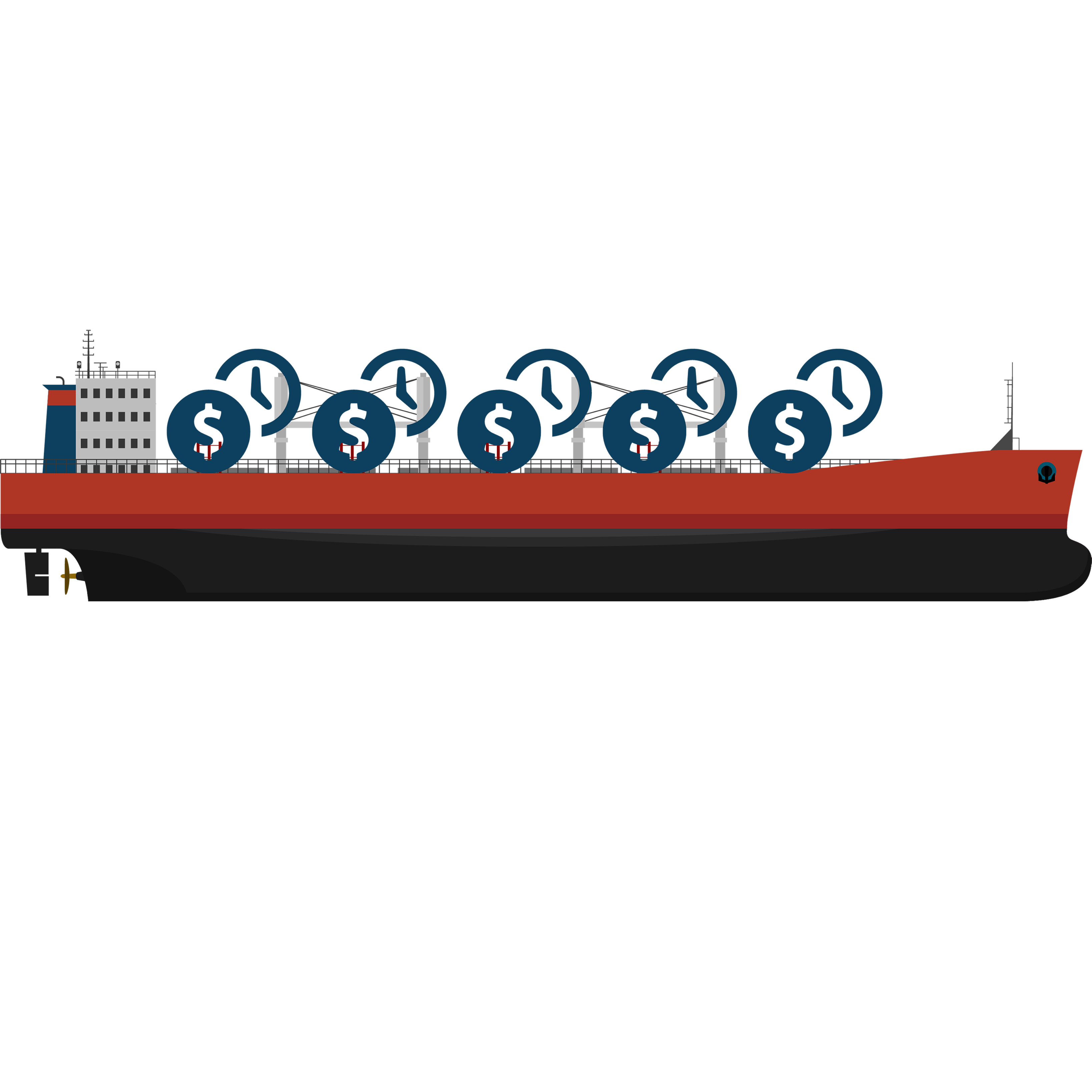 Illustration of a large cargo ship with dollar symbols and clock icons above it, symbolizing the concept of demurrage in maritime shipping.