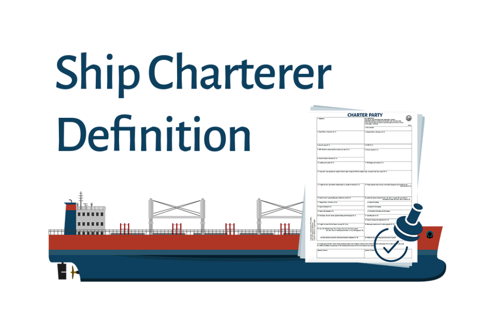 Banner image for 'Ship Charterer Definition' blog post by Heisenberg Shipping, featuring a cargo ship and a Charter Party Agreement document.