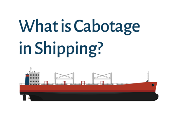 Illustration of a cargo ship with the text "What is Cabotage in Shipping?" written above it, introducing the topic of cabotage laws and regulations in maritime transportation.