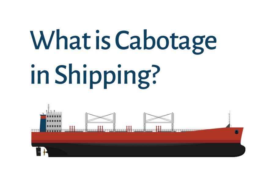 Illustration of a cargo ship with the text "What is Cabotage in Shipping?" written above it, introducing the topic of cabotage laws and regulations in maritime transportation.