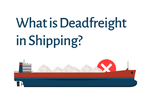 Illustration of a cargo ship with partially loaded cargo and a red "X" symbol, representing unused cargo space and the concept of deadfreight in shipping.