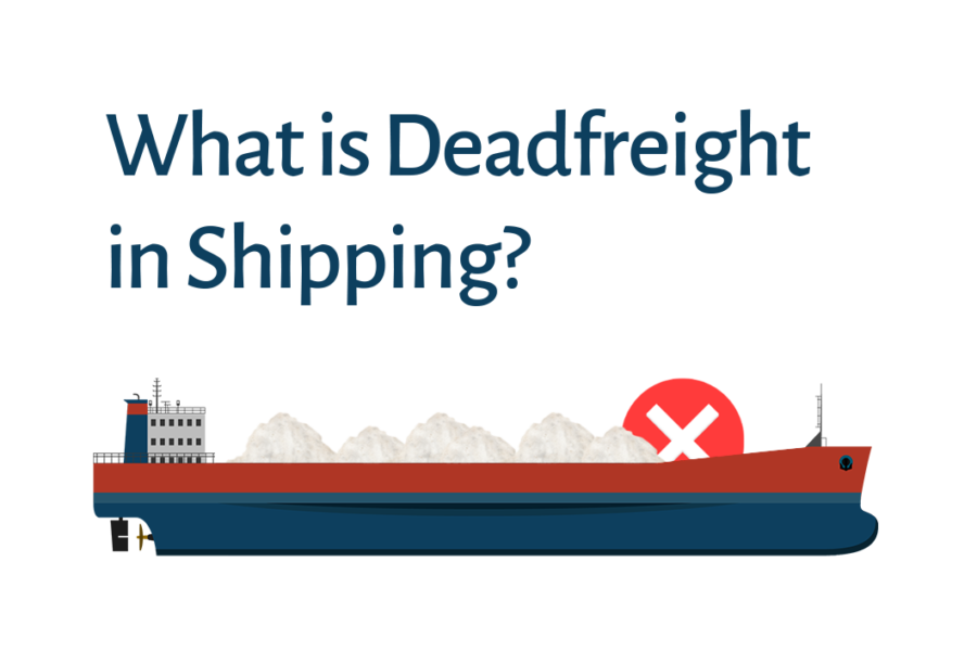 Illustration of a cargo ship with partially loaded cargo and a red "X" symbol, representing unused cargo space and the concept of deadfreight in shipping.