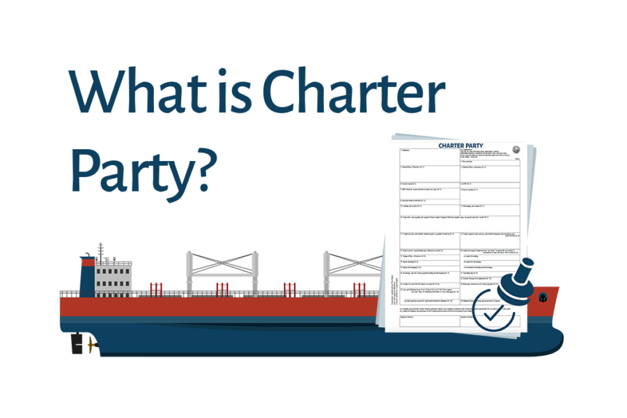 What is Charter Party? Illustration showing a cargo ship and a charter party agreement document with a rubber stamp and checkmark.