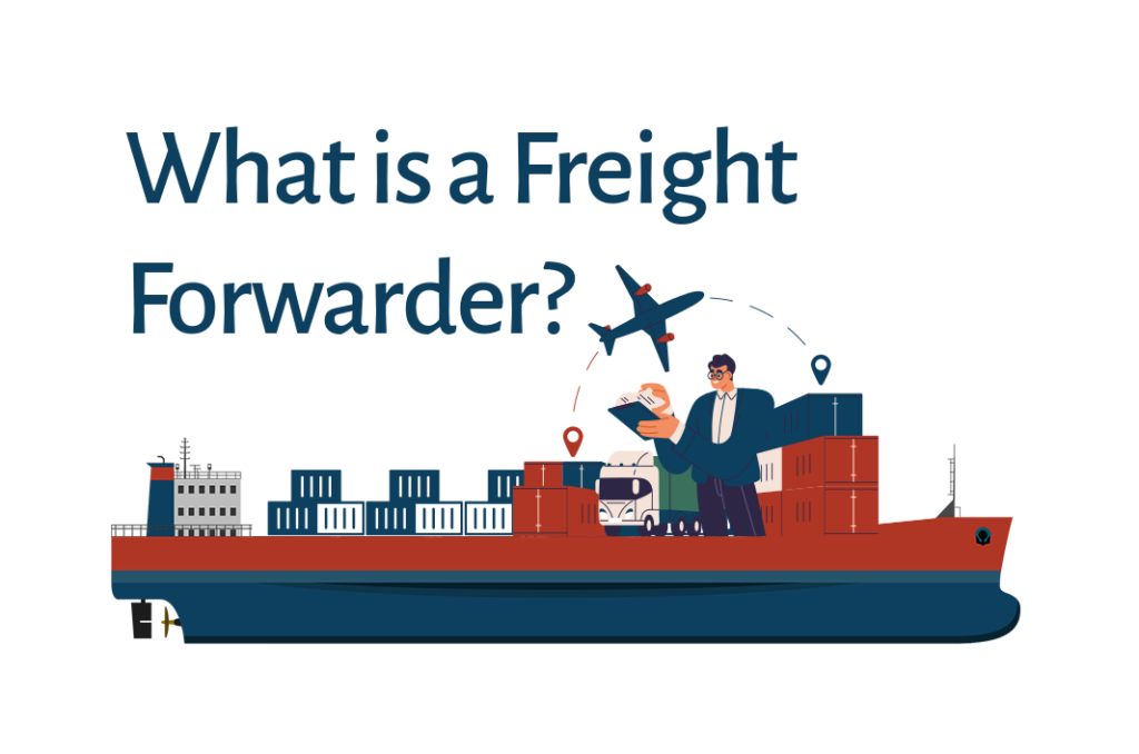 Illustration of freight forwarding with a ship carrying containers, an airplane flying overhead, and a truck representing multimodal transportation logistics. A professional holding documents symbolizes the coordination and expertise of freight forwarders.