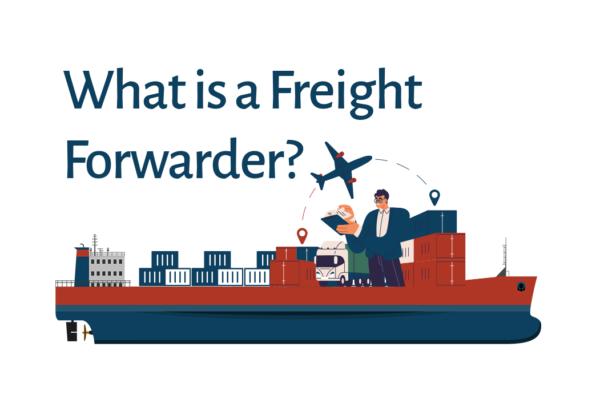 Illustration of freight forwarding with a ship carrying containers, an airplane flying overhead, and a truck representing multimodal transportation logistics. A professional holding documents symbolizes the coordination and expertise of freight forwarders.