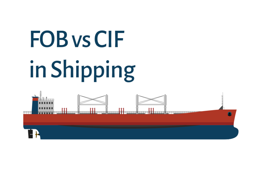 Red and blue cargo ship with the text “FOB vs CIF in Shipping,” representing freight cost and risk differences.