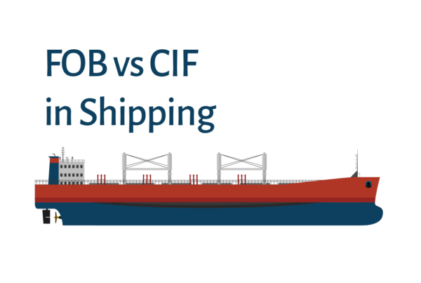 Red and blue cargo ship with the text “FOB vs CIF in Shipping,” representing freight cost and risk differences.