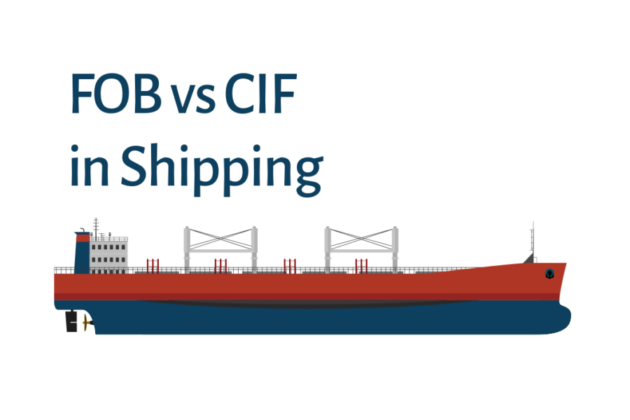 Red and blue cargo ship with the text “FOB vs CIF in Shipping,” representing freight cost and risk differences.