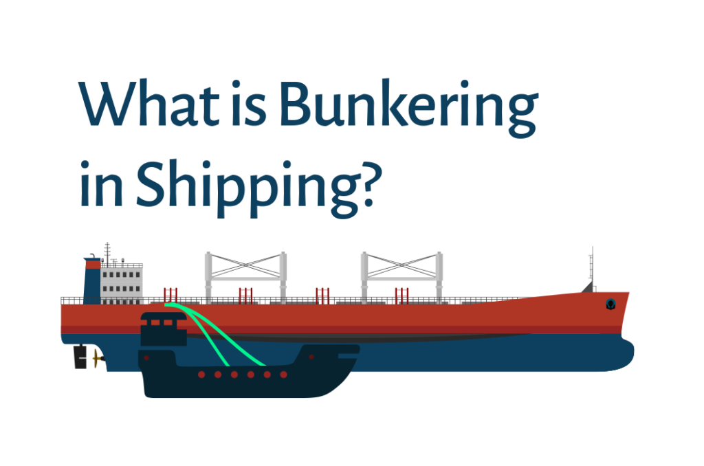 Illustration of a bunkering barge transferring fuel to a larger cargo vessel with green hoses, alongside the text “What is Bunkering in Shipping?