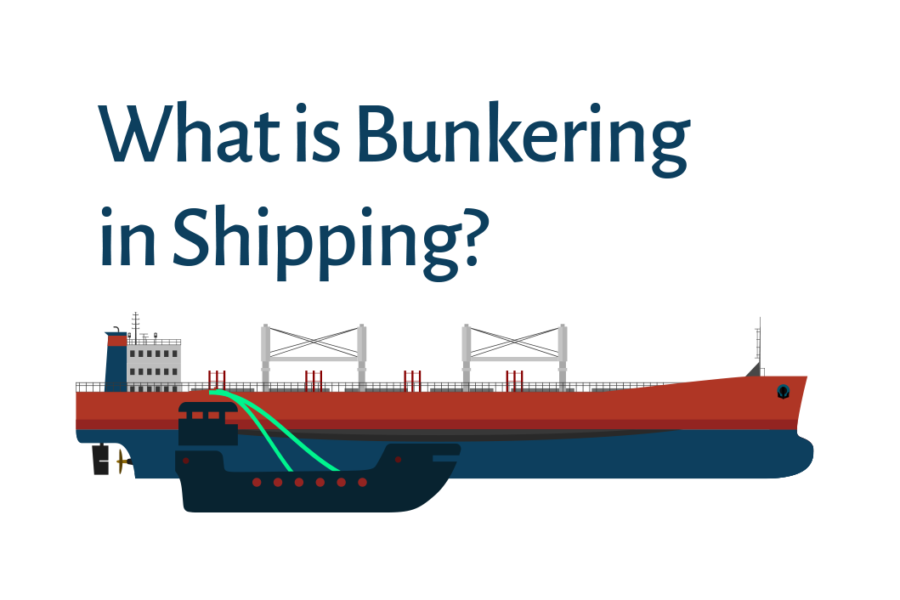 Illustration of a bunkering barge transferring fuel to a larger cargo vessel with green hoses, alongside the text “What is Bunkering in Shipping?