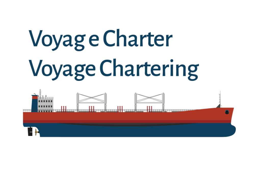 Illustration of a bulk carrier vessel with the terms 'Voyage Charter' and 'Voyage Chartering' displayed.