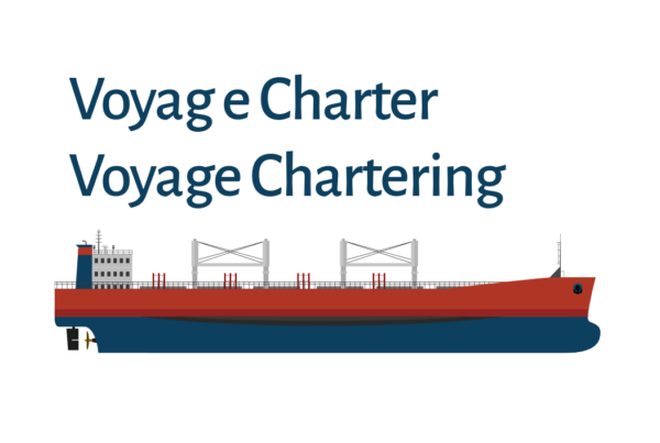 Illustration of a bulk carrier vessel with the terms 'Voyage Charter' and 'Voyage Chartering' displayed.