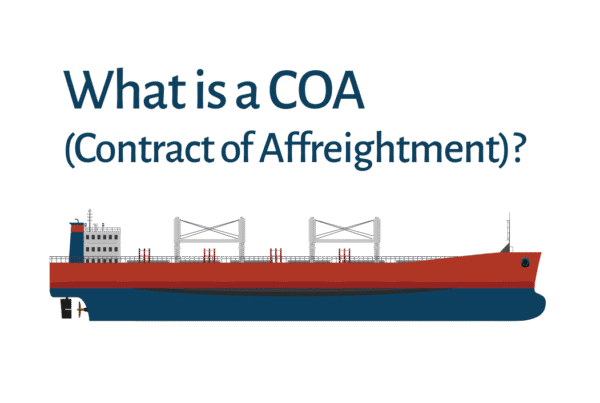 Illustration of a dry bulk carrier with the title “What is a COA (Contract of Affreightment)?” above the ship, used for a maritime blog post.