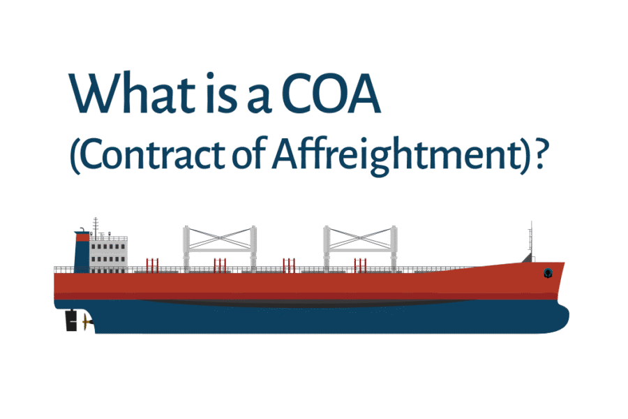 Illustration of a dry bulk carrier with the title “What is a COA (Contract of Affreightment)?” above the ship, used for a maritime blog post.