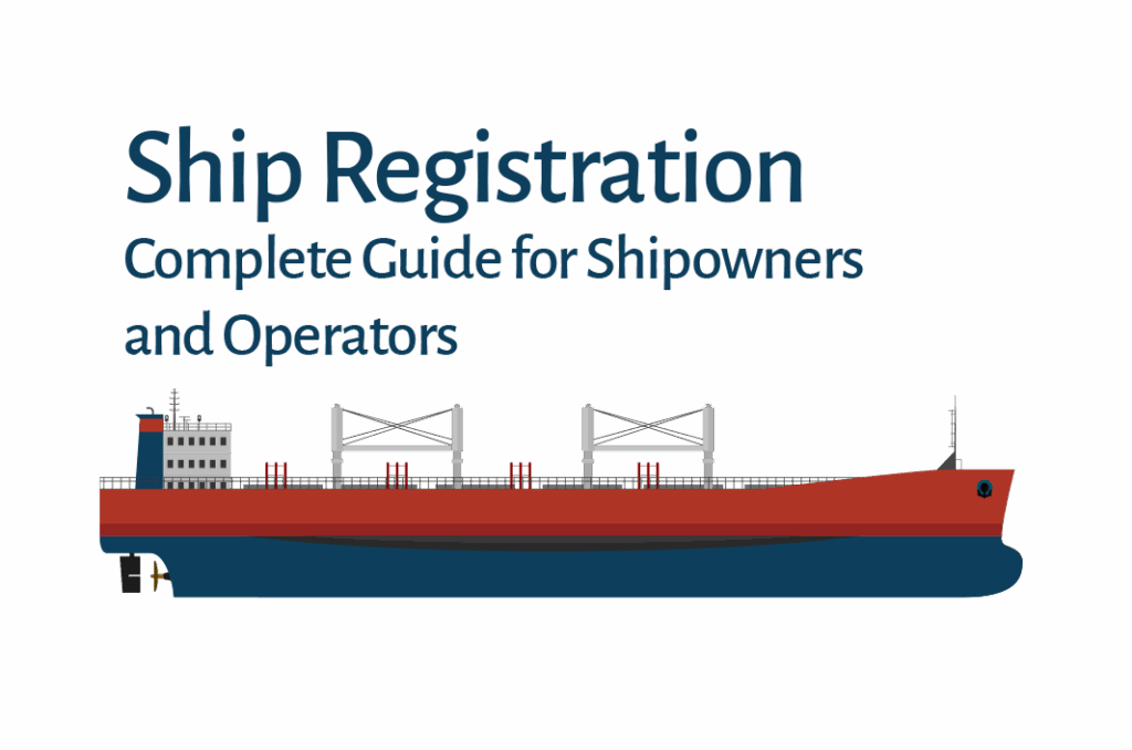 Illustration of a cargo ship representing ship registration, flag state, and maritime compliance for shipowners and operators.