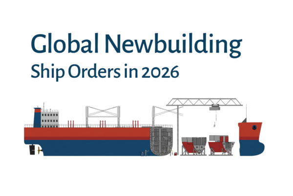A banner graphic featuring the bold text "Global Newbuilding Ship Orders in 2026" above a flat-style illustration of a large cargo vessel under construction in a shipyard block assembly line.