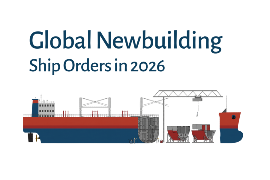 A banner graphic featuring the bold text "Global Newbuilding Ship Orders in 2026" above a flat-style illustration of a large cargo vessel under construction in a shipyard block assembly line.