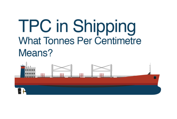 Side-profile illustration of a geared dry bulk carrier with the title "TPC in Shipping — What Tonnes Per Centimetre Means?"