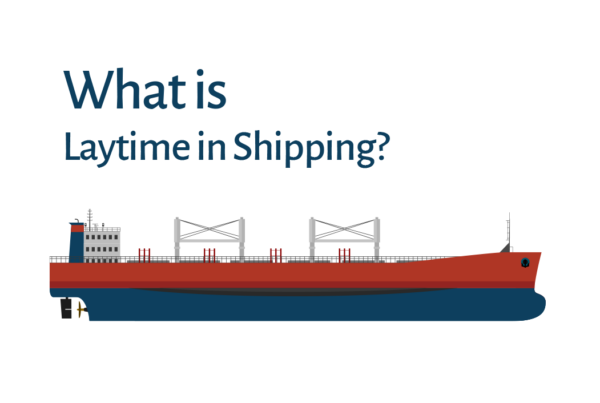 Illustration of a geared bulk carrier with deck cranes under the title “What is Laytime in Shipping?”